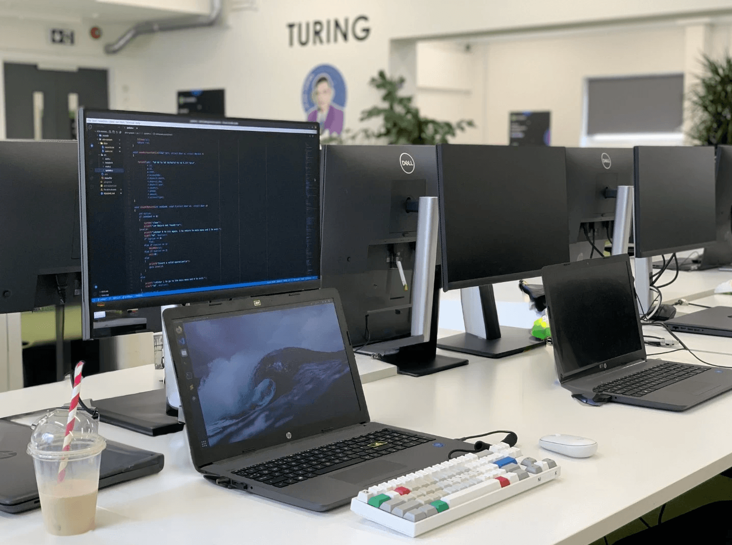 Desk with computer, coffee